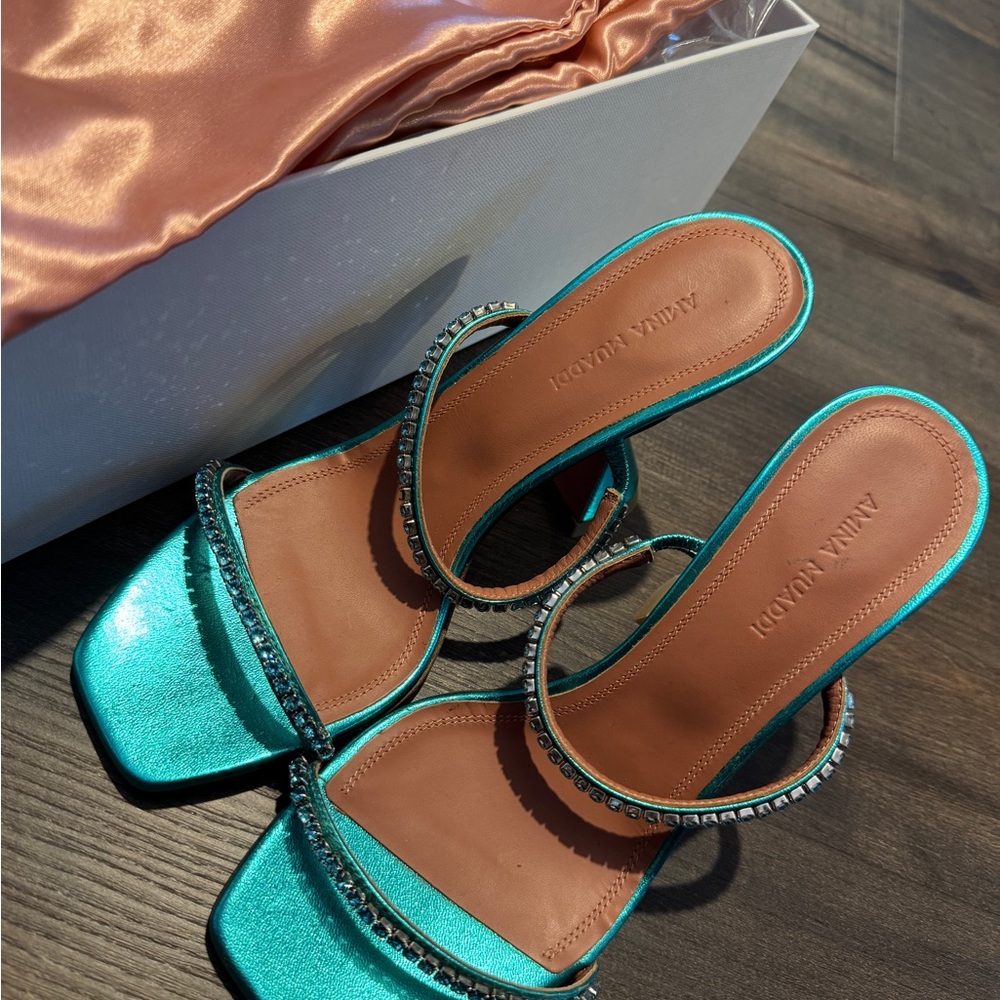 Amina Muaddi Teal Embellished Heels